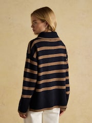 Joules Waverley Wool-Rich Navy & Tan Stripe Quarter Zip Funnel Neck Jumper - Image 2 of 7