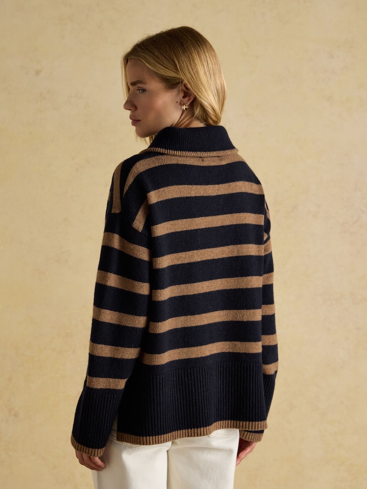 Joules Waverley Wool-Rich Navy & Tan Stripe Quarter Zip Funnel Neck Jumper - Image 2 of 7