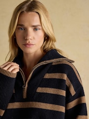 Joules Waverley Wool-Rich Navy & Tan Stripe Quarter Zip Funnel Neck Jumper - Image 3 of 7