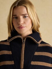 Joules Waverley Wool-Rich Navy & Tan Stripe Quarter Zip Funnel Neck Jumper - Image 5 of 7