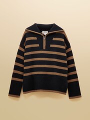 Joules Waverley Wool-Rich Navy & Tan Stripe Quarter Zip Funnel Neck Jumper - Image 7 of 7