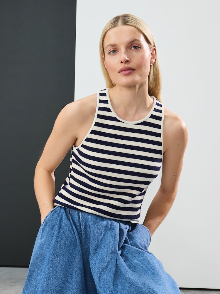 Navy/White - Knitted Stripe Racer Tank - Image 1 of 3 Navy/White - Knitted Stripe Racer Tank - Image 1 of 3