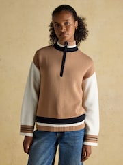 Joules Varsity Brown/Cream Colourblock 1/4 Zip Cotton Jumper - Image 1 of 6