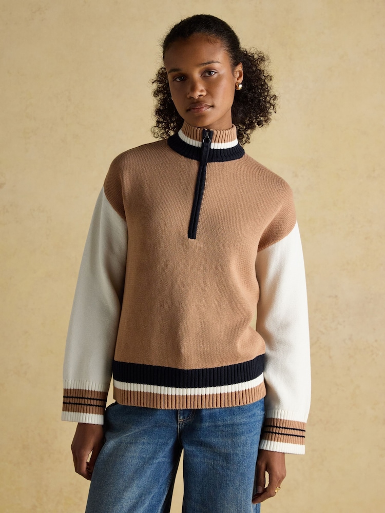 Joules Varsity Brown/Cream Colourblock 1/4 Zip Cotton Jumper - Image 1 of 6