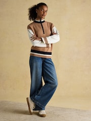Joules Varsity Brown/Cream Colourblock 1/4 Zip Cotton Jumper - Image 4 of 6