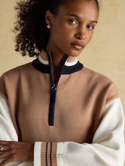 Joules Varsity Brown/Cream Colourblock 1/4 Zip Cotton Jumper - Image 6 of 6