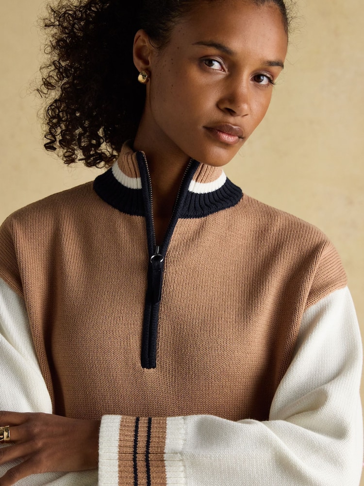 Joules Varsity Brown/Cream Colourblock 1/4 Zip Cotton Jumper - Image 6 of 6
