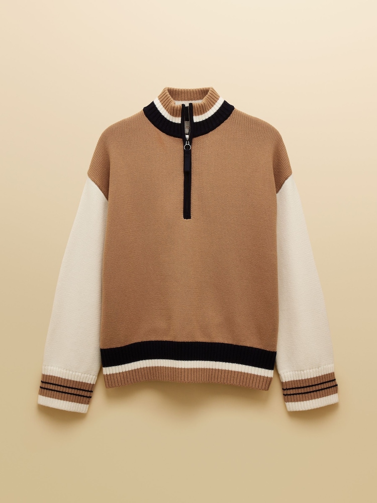 Joules Varsity Brown/Cream Colourblock Quarter Zip Cotton Jumper - Image 9 of 9