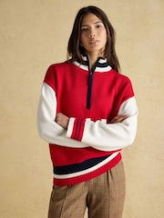 Joules Varsity Red/Cream Colourblock 1/4 Zip Cotton Jumper - Image 1 of 7