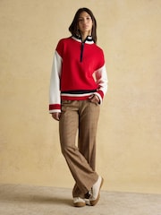 Joules Varsity Red/Cream Colourblock 1/4 Zip Cotton Jumper - Image 3 of 7