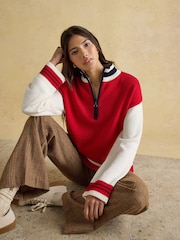Joules Varsity Red/Cream Colourblock 1/4 Zip Cotton Jumper - Image 5 of 7