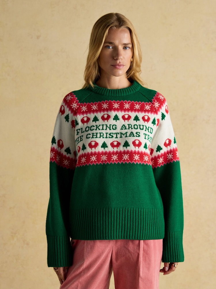 Joules Flocking Around Green Fairisle Christmas Jumper - Image 1 of 9 Joules Flocking Around Green Fairisle Christmas Jumper - Image 1 of 9