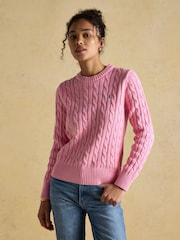 Joules Classic Cable Pink Cotton Crew Neck Jumper - Image 1 of 8