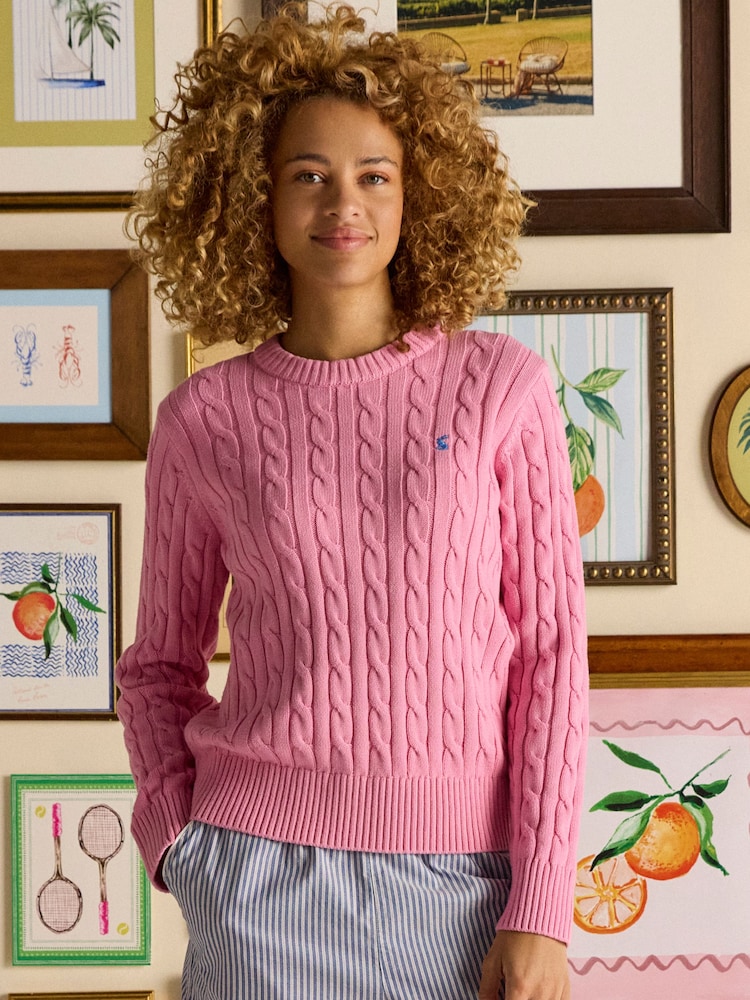 Joules Classic Cable Pink Cotton Crew Neck Jumper - Image 1 of 11 Joules Classic Cable Pink Cotton Crew Neck Jumper - Image 1 of 11