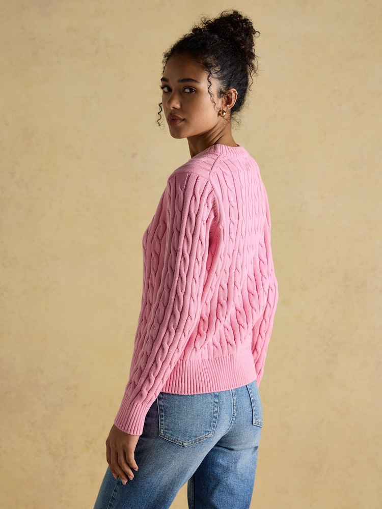 Joules Classic Cable Pink Cotton Crew Neck Jumper - Image 2 of 8