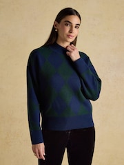 Joules Gilmore Navy & Green Argyle High Neck Jumper - Image 3 of 9