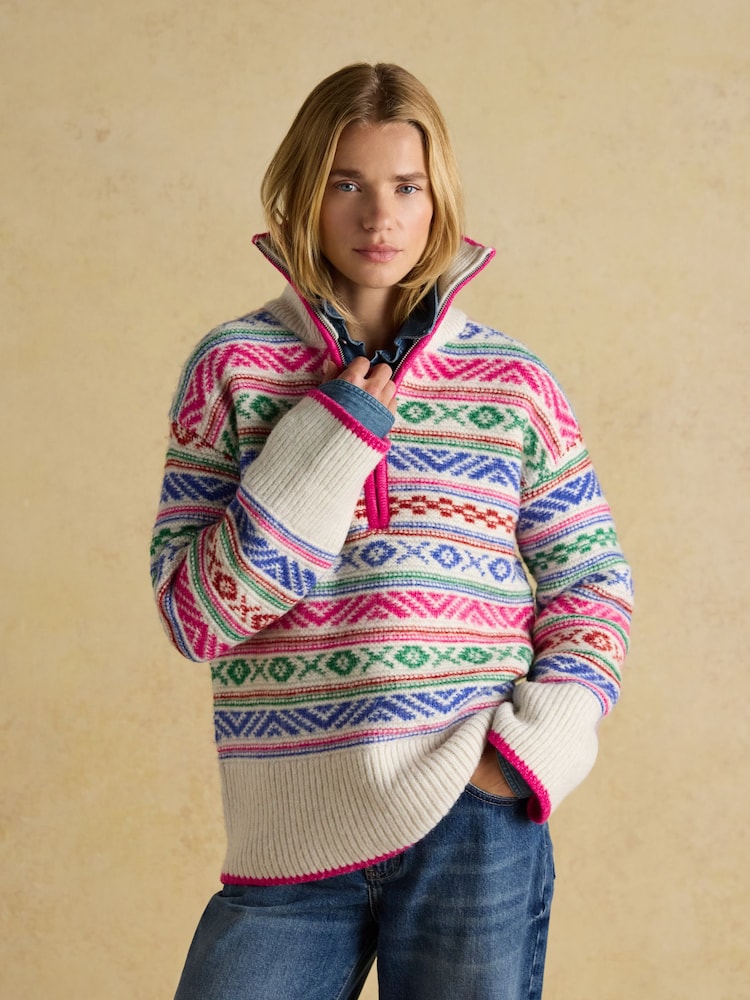 Joules Allaway Multi Fair Isle Quarter Zip Knitted Jumper - Image 1 of 7 Joules Allaway Multi Fair Isle Quarter Zip Knitted Jumper - Image 1 of 7