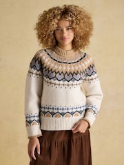 Joules Charlie Cream & Brown Fairisle Knitted Jumper - Image 1 of 8