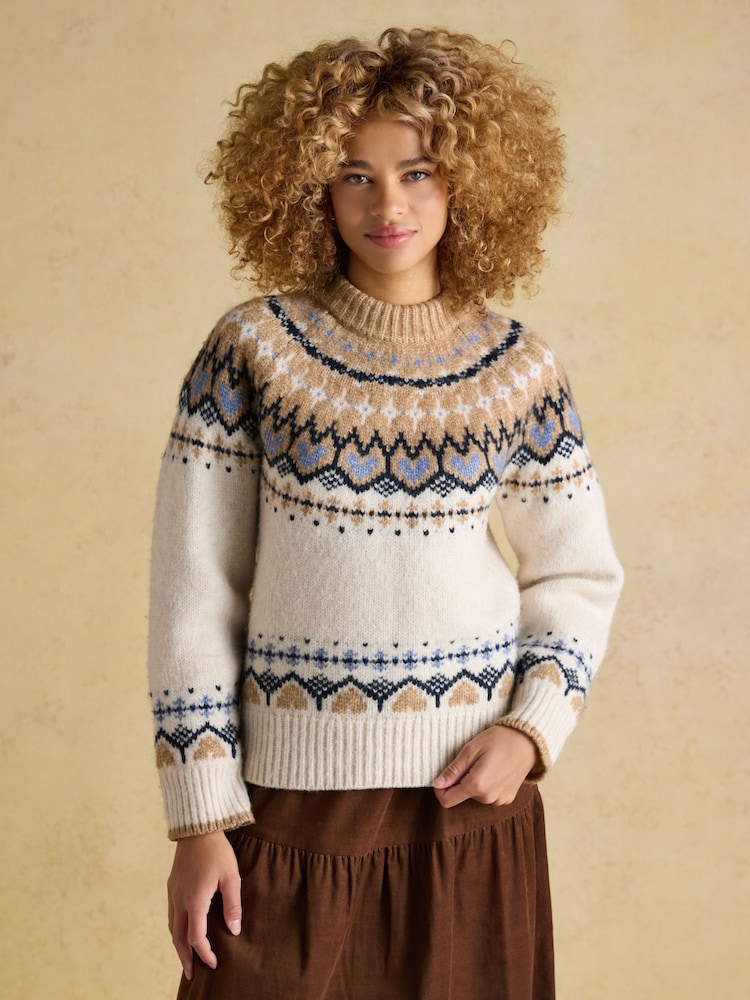 Joules Charlie Cream & Brown Fairisle Knitted Jumper - Image 1 of 8 Joules Charlie Cream & Brown Fairisle Knitted Jumper - Image 1 of 8