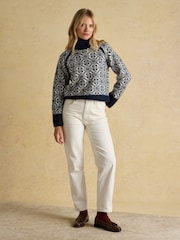 Joules Addison Navy & Cream Patterned Knitted Jumper with Detachable Roll Neck - Image 3 of 7