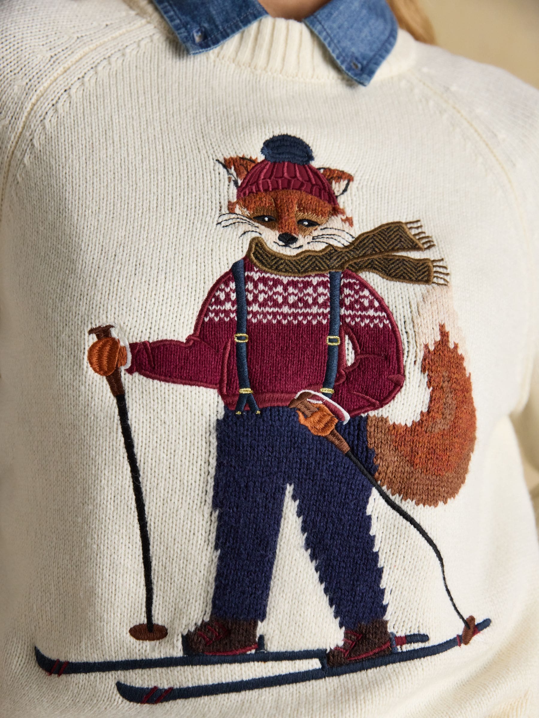 Buy Joules Cream Skiing Jonty Fox Embroidered Cotton-Rich Crew