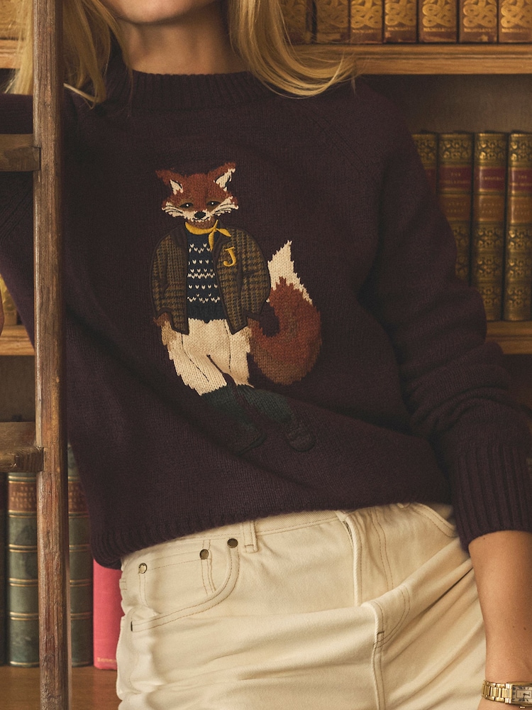 Joules Jonty Wine Red Intarsia Cotton-Rich Crew Neck Jumper - Image 3 of 12
