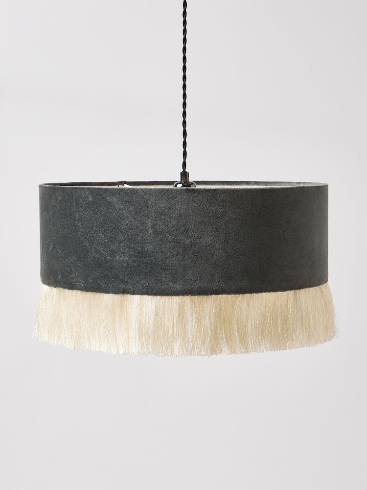 Oliver Bonas Grey Ero Velvet & Tassel Drum Pendant Lamp Shade - Image 1 of 4