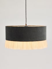 Oliver Bonas Grey Ero Velvet & Tassel Drum Pendant Lamp Shade - Image 2 of 4
