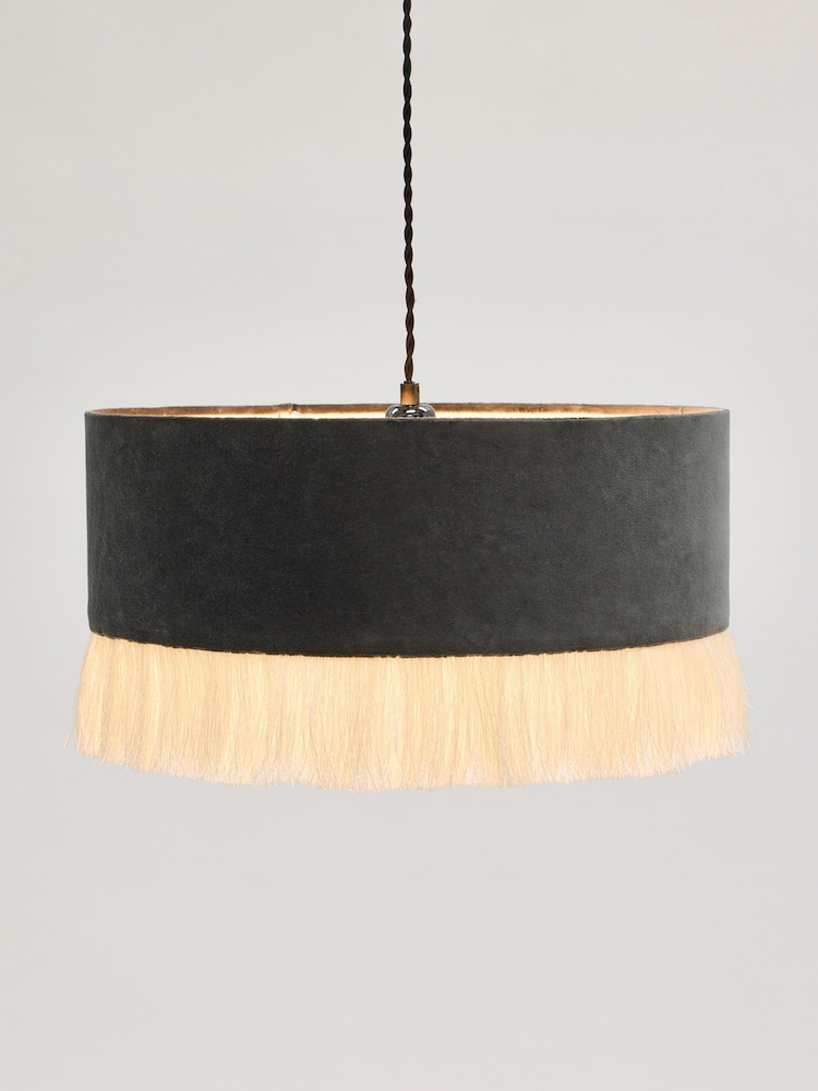 Oliver Bonas Grey Ero Velvet & Tassel Drum Pendant Lamp Shade - Image 2 of 4