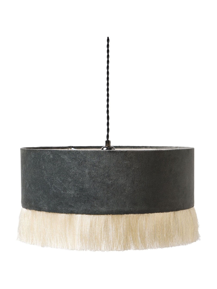 Oliver Bonas Grey Ero Velvet & Tassel Drum Pendant Lamp Shade - Image 4 of 4