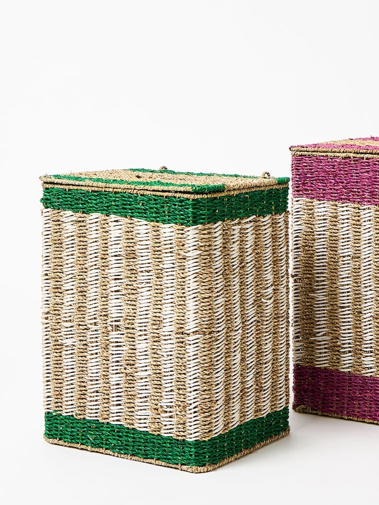 Oliver Bonas Green Stripe Seagrass Laundry Basket Small - Image 6 of 6