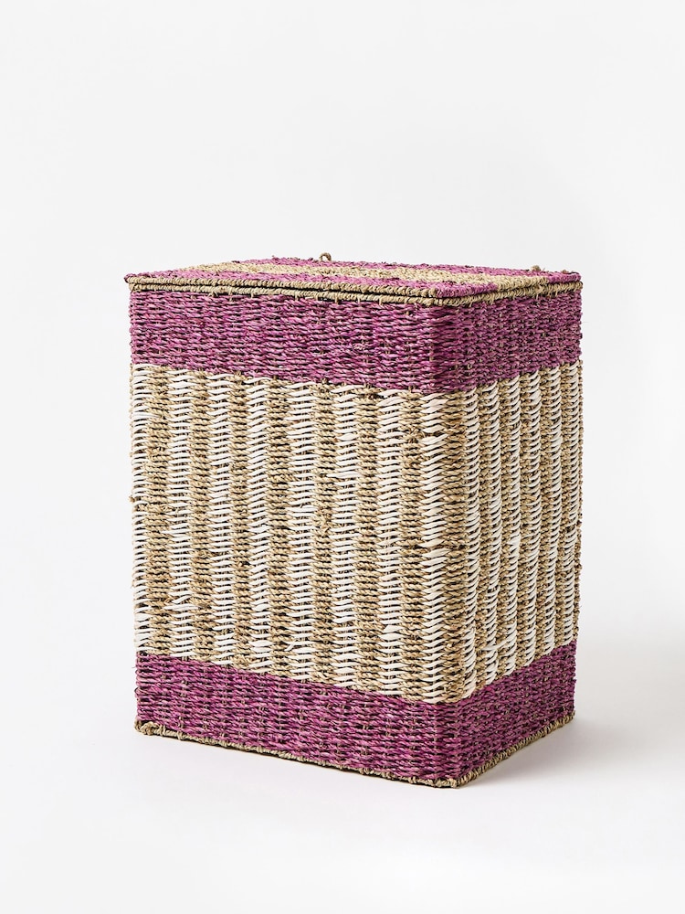 Oliver Bonas Pink Stripe Seagrass Laundry Basket Large - Image 1 of 2