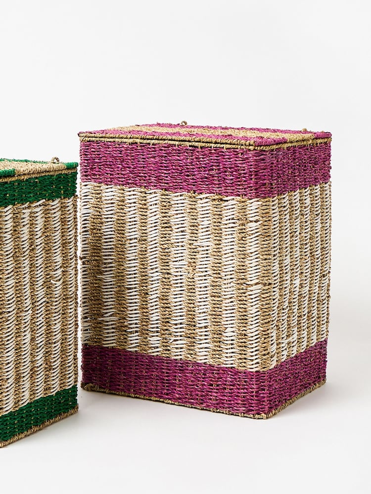 Oliver Bonas Pink Stripe Seagrass Laundry Basket Large - Image 2 of 2