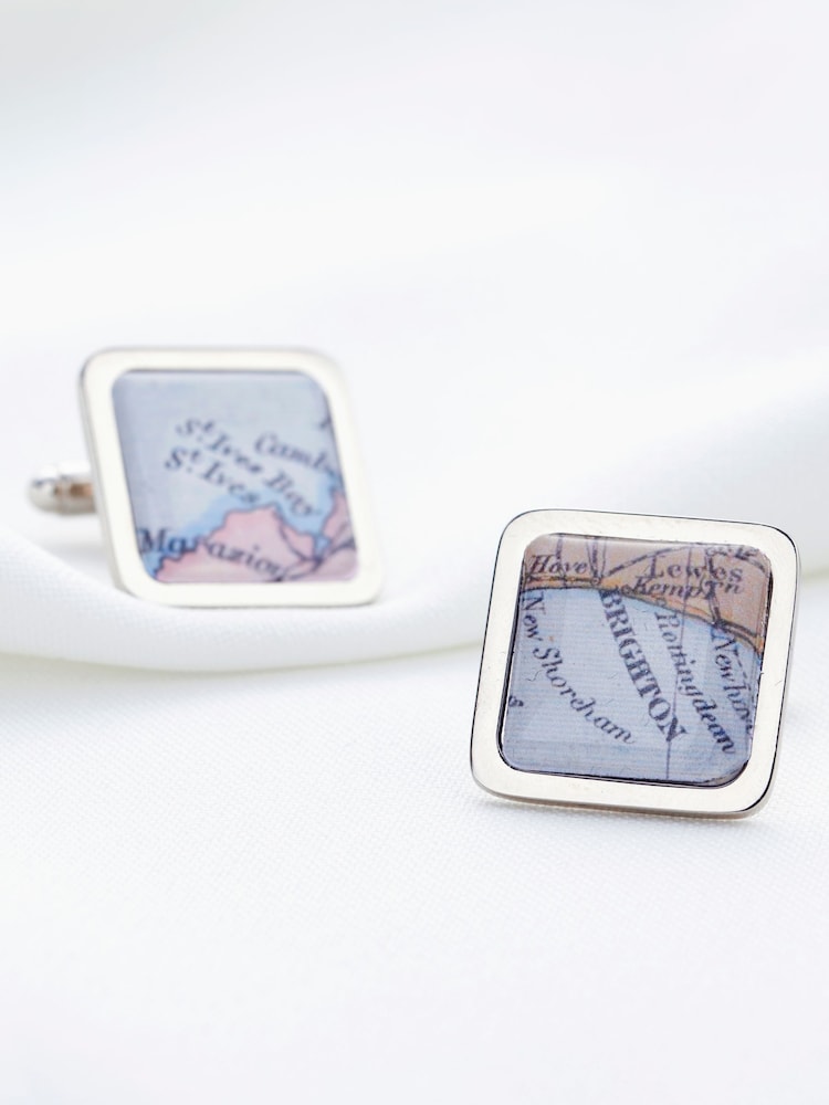 Posh Totty Designs Silver Tone Personalised Vintage Square Map Cufflinks - Image 1 of 2