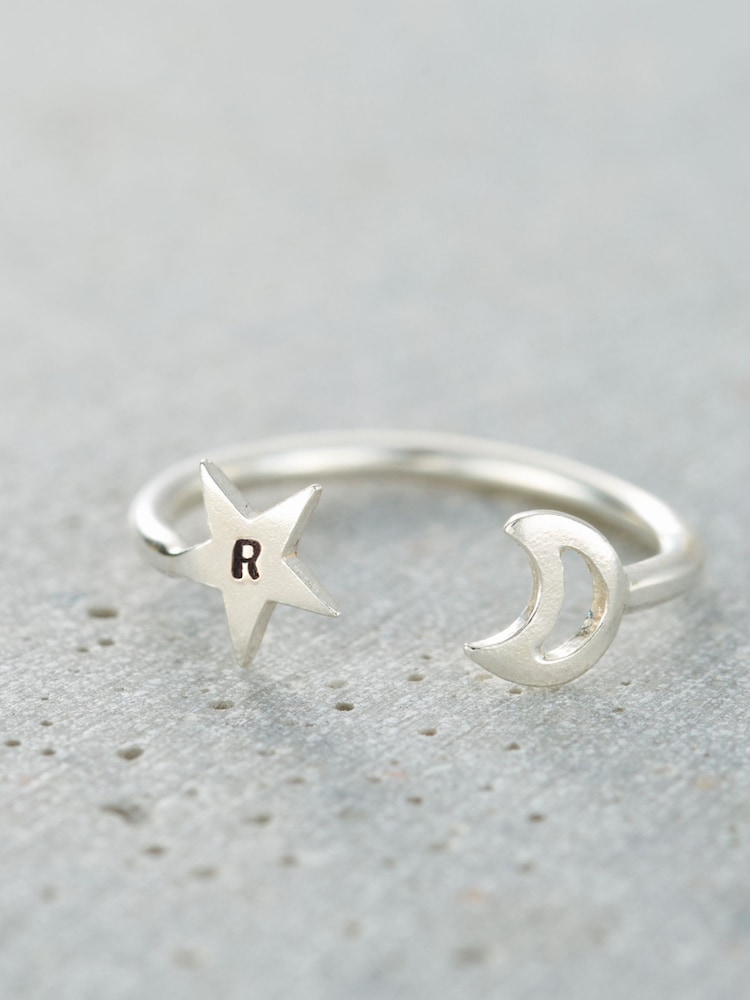 Posh Totty Designs Silver Tone Personalised Moon & Star Open Ring - Image 1 of 4