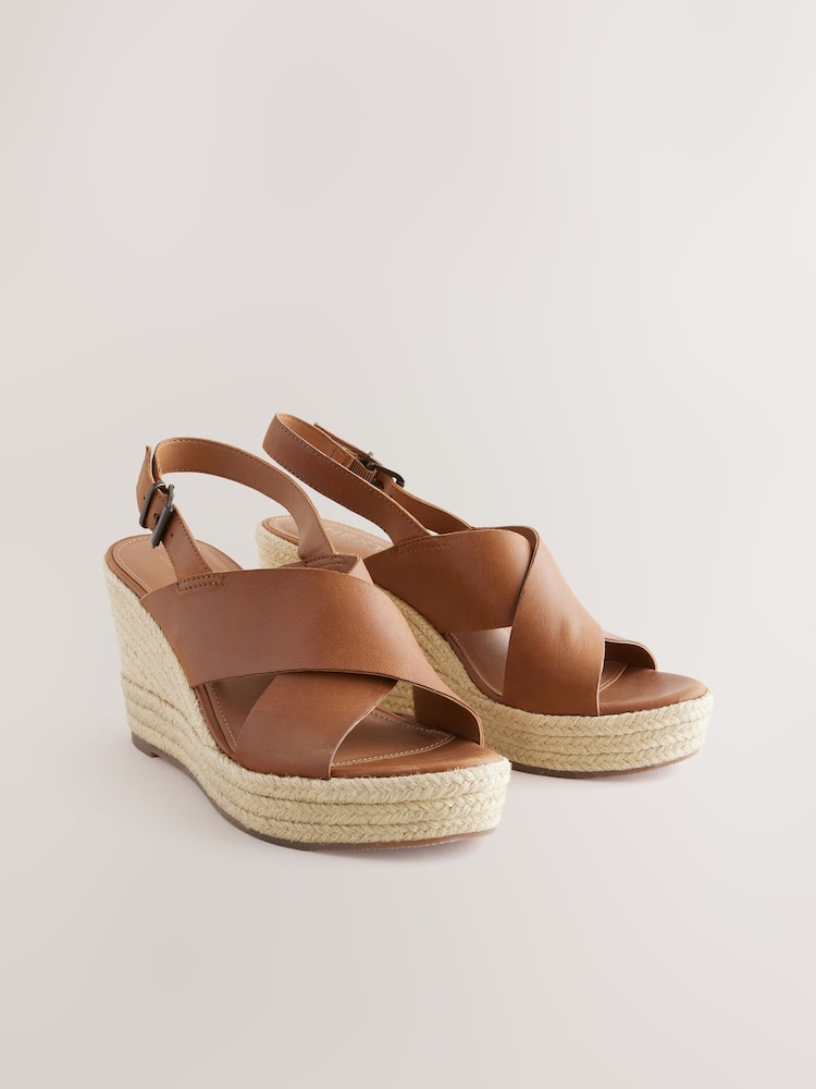 Tan Brown Standard/Wide Fit Forever Comfort® Leather Round Toe Cross-Over Slingback Platform Wedges - Image 1 of 5