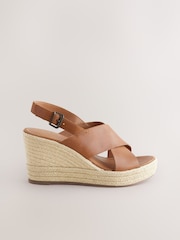 Tan Brown Standard/Wide Fit Forever Comfort® Leather Round Toe Cross-Over Slingback Platform Wedges - Image 2 of 5