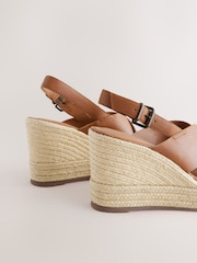 Tan Brown Standard/Wide Fit Forever Comfort® Leather Round Toe Cross-Over Slingback Platform Wedges - Image 4 of 5