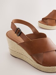 Tan Brown Standard/Wide Fit Forever Comfort® Leather Round Toe Cross-Over Slingback Platform Wedges - Image 5 of 5
