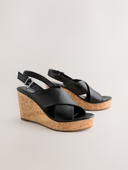 Black Standard/Wide Fit Forever Comfort® Leather Round Toe Cross-Over Slingback Platform Wedges - Image 1 of 5