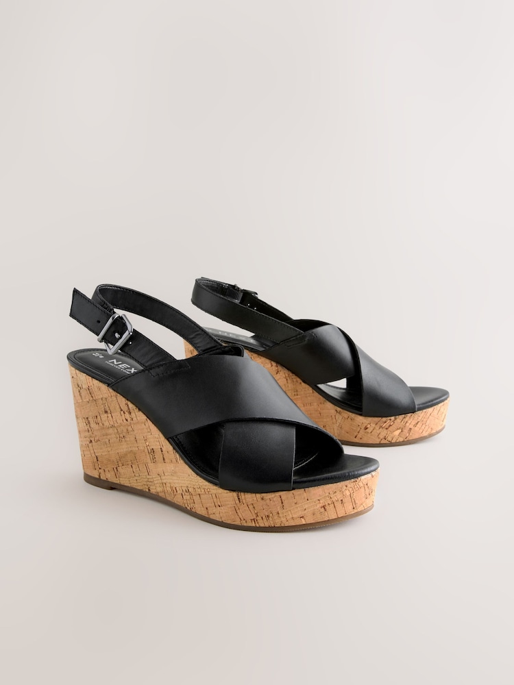 Black Standard/Wide Fit Forever Comfort® Leather Round Toe Cross-Over Slingback Platform Wedges - Image 1 of 5