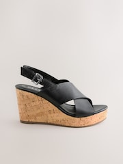 Black Standard/Wide Fit Forever Comfort® Leather Round Toe Cross-Over Slingback Platform Wedges - Image 2 of 5