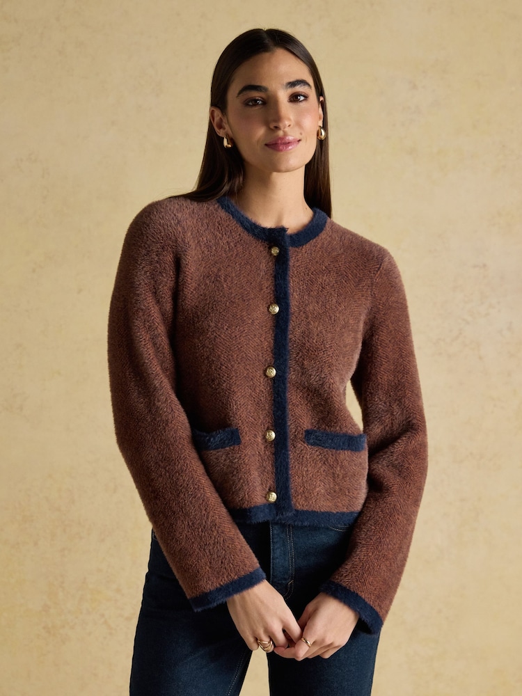 Joules Georgia Brown & Navy Herringbone Eyelash Knitted Cardigan - Image 1 of 8 Joules Georgia Brown & Navy Herringbone Eyelash Knitted Cardigan - Image 1 of 8