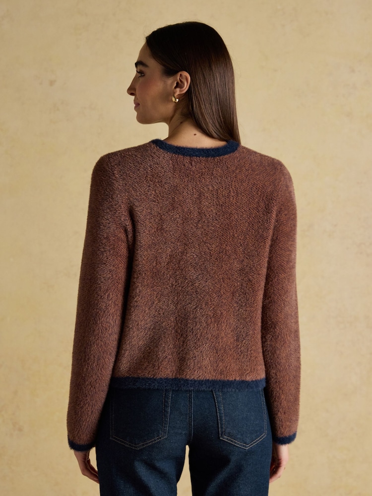 Joules Georgia Brown & Navy Herringbone Eyelash Knitted Cardigan - Image 2 of 8 Joules Georgia Brown & Navy Herringbone Eyelash Knitted Cardigan - Image 2 of 8
