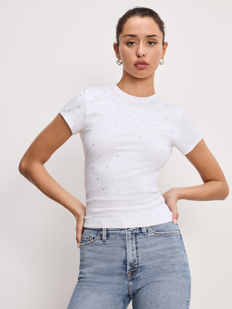 Good American White 100% Cotton Baby Crystal T-Shirt - Image 1 of 4 Good American White 100% Cotton Baby Crystal T-Shirt - Image 1 of 4