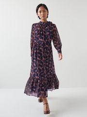 LK Bennett Blue Selina Petite Spring Navy & Bright Pink  Sketchy Floral Print Georgette Dress - Image 1 of 5