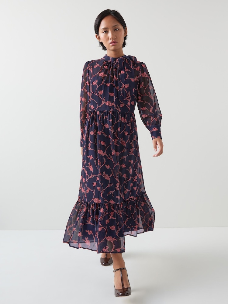 LK Bennett Blue Selina Petite Spring Navy & Bright Pink  Sketchy Floral Print Georgette Dress - Image 1 of 5