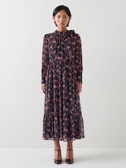 LK Bennett Blue Selina Petite Spring Navy & Bright Pink  Sketchy Floral Print Georgette Dress - Image 2 of 5