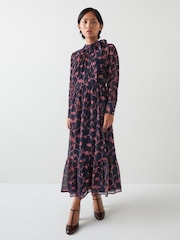 LK Bennett Blue Selina Petite Spring Navy & Bright Pink  Sketchy Floral Print Georgette Dress - Image 3 of 5