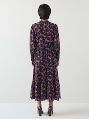 LK Bennett Blue Selina Petite Spring Navy & Bright Pink  Sketchy Floral Print Georgette Dress - Image 4 of 5